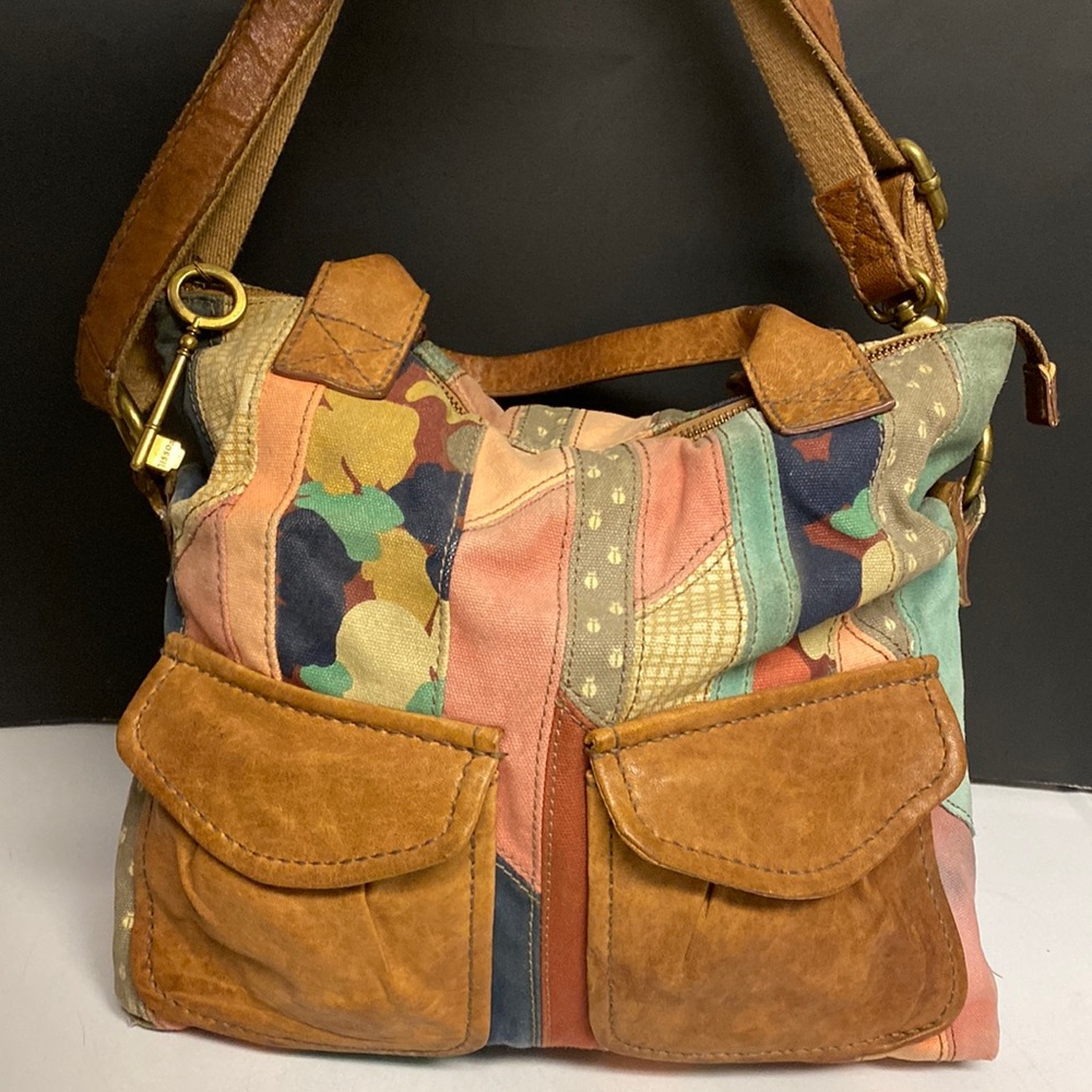 Fossil Fabric Crossbody Top Handle Patchwork Purse - image 3